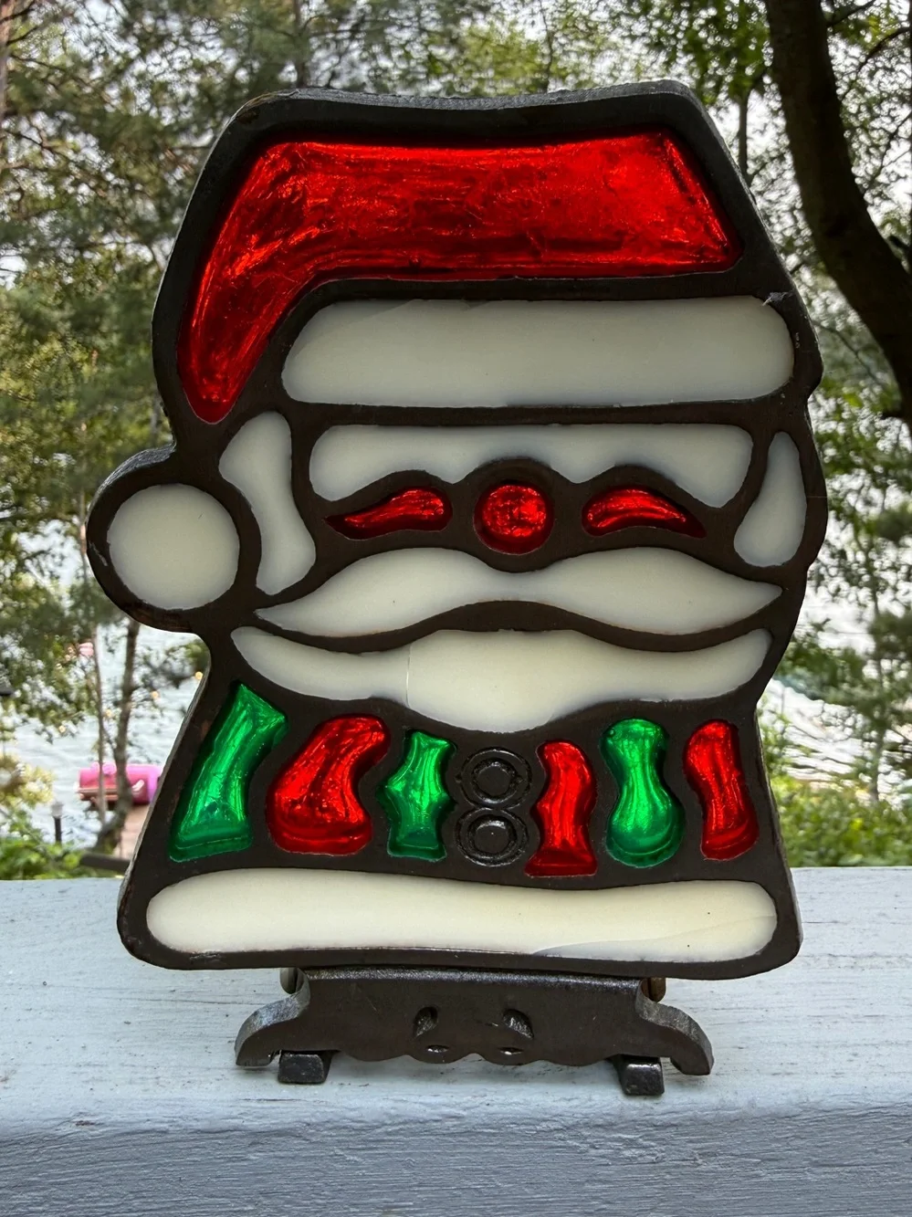 VTG Stained Glass Santa Votive Candle Holder Only Cast Iron Christmas